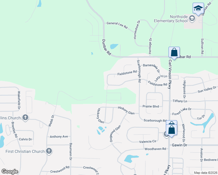 map of restaurants, bars, coffee shops, grocery stores, and more near 500 Fieldstone Road in Warner Robins