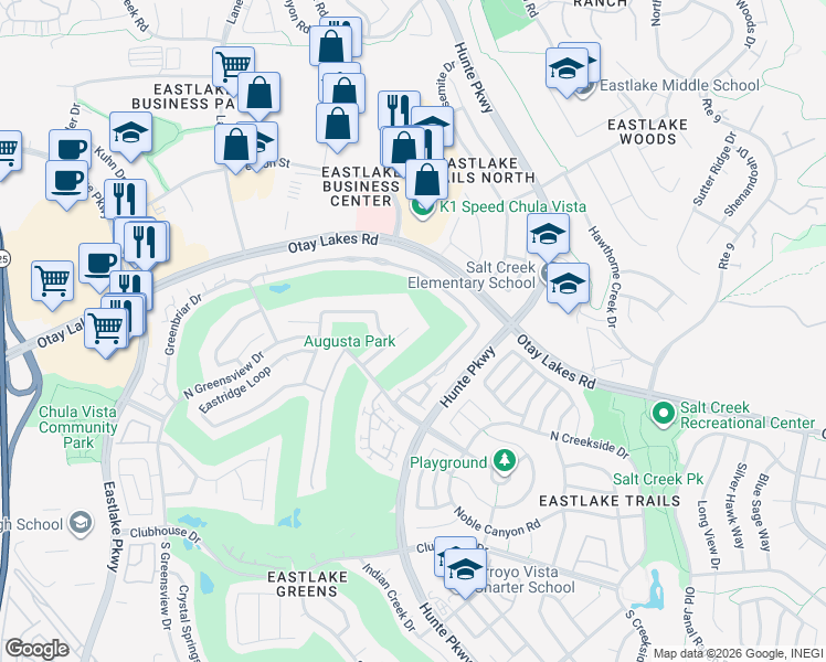 map of restaurants, bars, coffee shops, grocery stores, and more near 1038 Park Meadows Road in Chula Vista