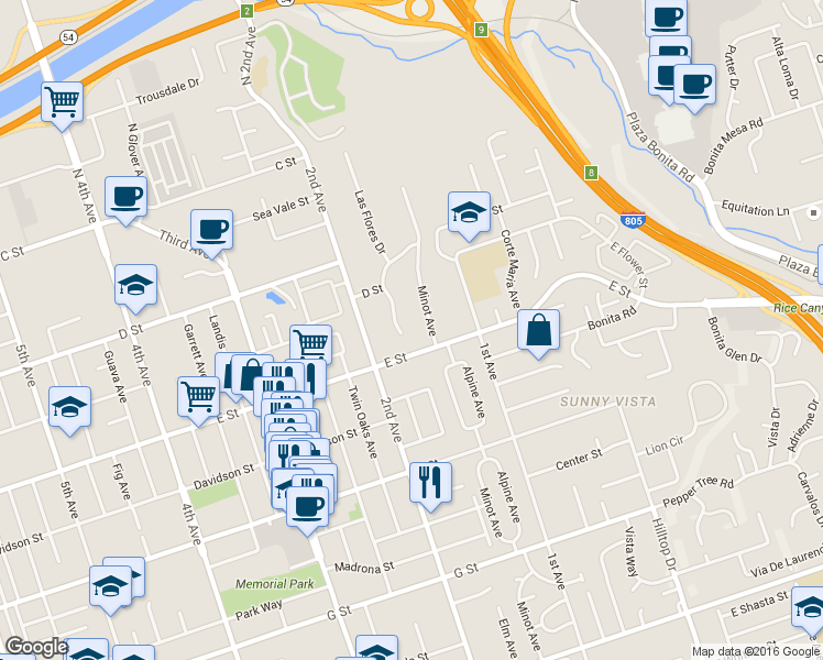 map of restaurants, bars, coffee shops, grocery stores, and more near 169 1/2 Minot Avenue in Chula Vista