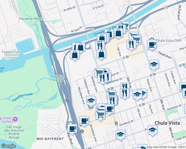 map of restaurants, bars, coffee shops, grocery stores, and more near 615 Sea Vale Street in Chula Vista
