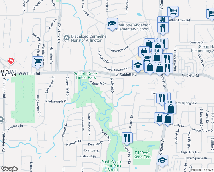 map of restaurants, bars, coffee shops, grocery stores, and more near 2211 South Branch Drive in Arlington