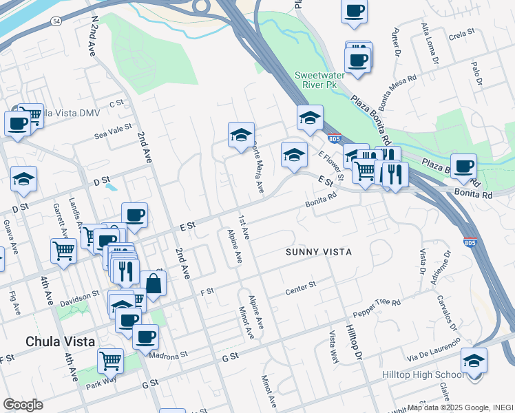 map of restaurants, bars, coffee shops, grocery stores, and more near 74 E Street in Chula Vista