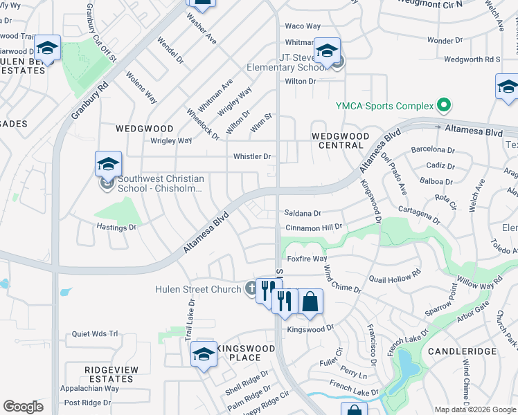 map of restaurants, bars, coffee shops, grocery stores, and more near 6822 South Hulen Street in Fort Worth