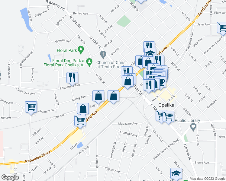 map of restaurants, bars, coffee shops, grocery stores, and more near 211 North 12th Street in Opelika