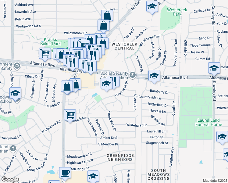 map of restaurants, bars, coffee shops, grocery stores, and more near 3025 Altamesa Boulevard in Fort Worth