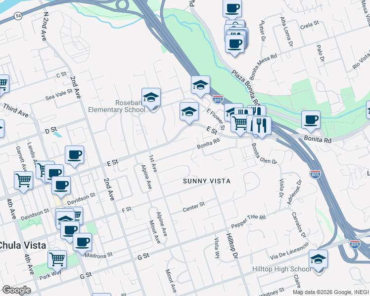 map of restaurants, bars, coffee shops, grocery stores, and more near 31 Bonita Road in Chula Vista