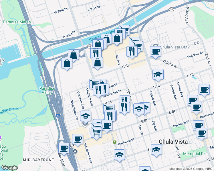 map of restaurants, bars, coffee shops, grocery stores, and more near 551 Mc Intosh Street in Chula Vista