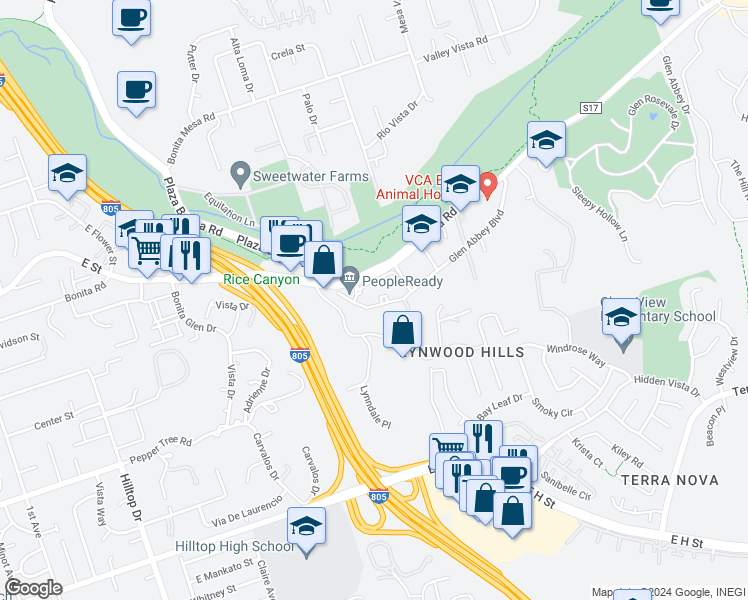 map of restaurants, bars, coffee shops, grocery stores, and more near 3150 Glen Abbey Boulevard in Chula Vista