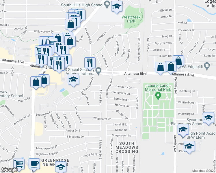 map of restaurants, bars, coffee shops, grocery stores, and more near 6625 Brookhaven Court in Fort Worth