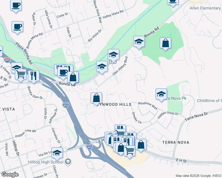 map of restaurants, bars, coffee shops, grocery stores, and more near 3264 Holly Way in Chula Vista