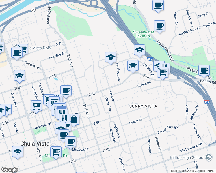 map of restaurants, bars, coffee shops, grocery stores, and more near 194 1st Avenue in Chula Vista