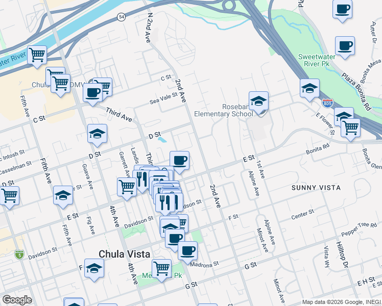 map of restaurants, bars, coffee shops, grocery stores, and more near 152 2nd Avenue in Chula Vista