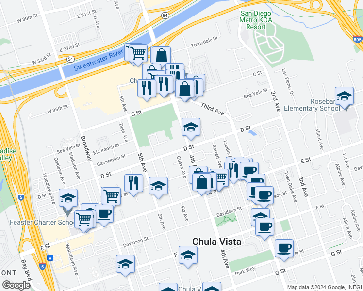 map of restaurants, bars, coffee shops, grocery stores, and more near 88 4th Avenue in Chula Vista