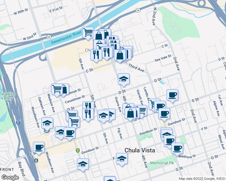map of restaurants, bars, coffee shops, grocery stores, and more near 442 Casselman Street in Chula Vista