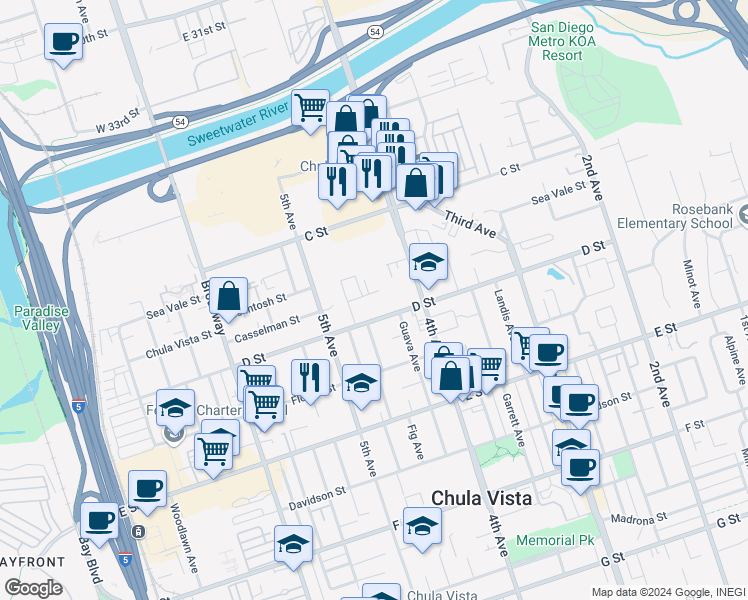 map of restaurants, bars, coffee shops, grocery stores, and more near 442 Casselman Street in Chula Vista