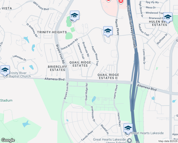 map of restaurants, bars, coffee shops, grocery stores, and more near 7605 Quail Ridge Court in Fort Worth