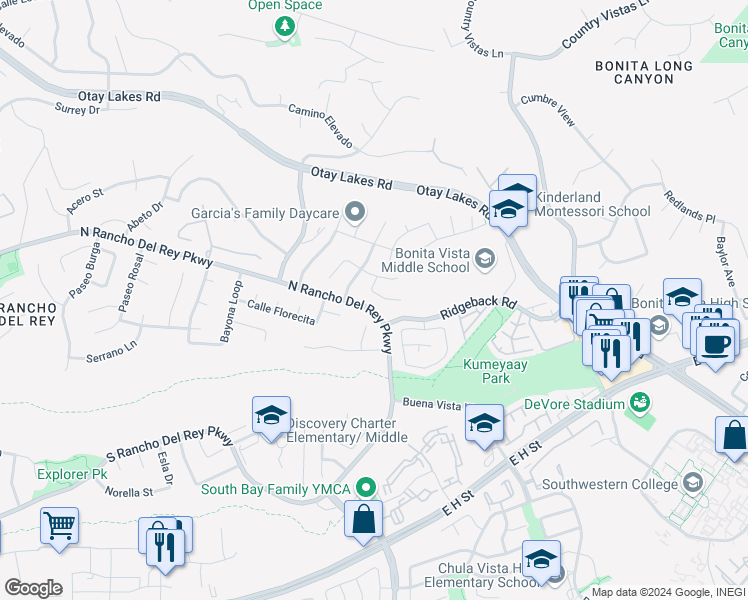 map of restaurants, bars, coffee shops, grocery stores, and more near 658 Felino Way in Chula Vista