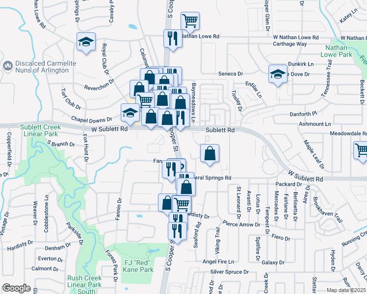 map of restaurants, bars, coffee shops, grocery stores, and more near 6006 South Cooper Street in Arlington