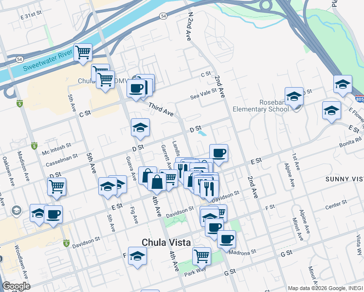 map of restaurants, bars, coffee shops, grocery stores, and more near 114 3rd Avenue in Chula Vista