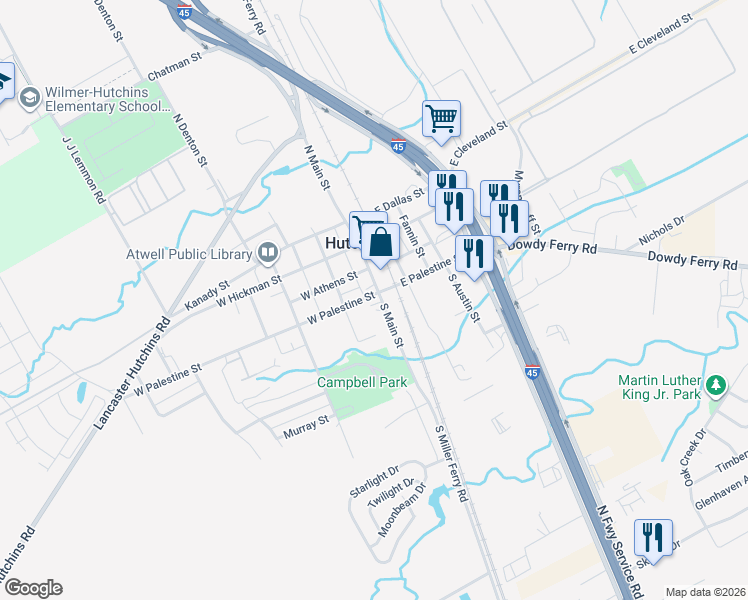 map of restaurants, bars, coffee shops, grocery stores, and more near 102 West Palestine Street in Hutchins