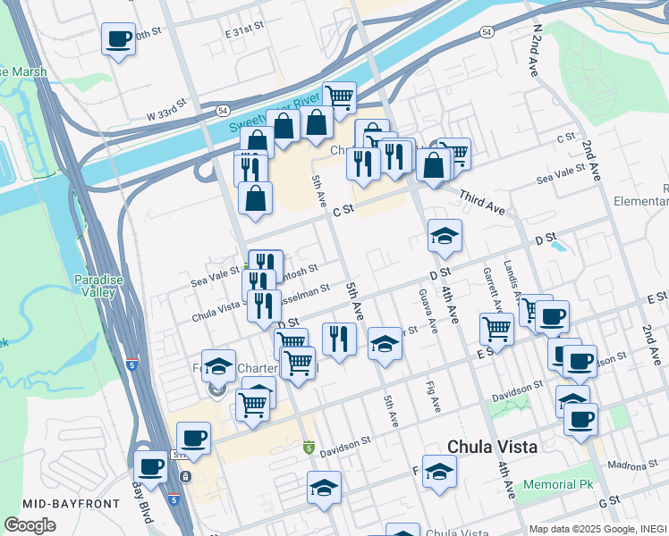 map of restaurants, bars, coffee shops, grocery stores, and more near 502 Mc Intosh Street in Chula Vista