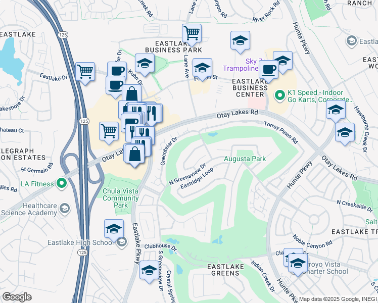 map of restaurants, bars, coffee shops, grocery stores, and more near 2381 Fairway Oaks Drive in Chula Vista