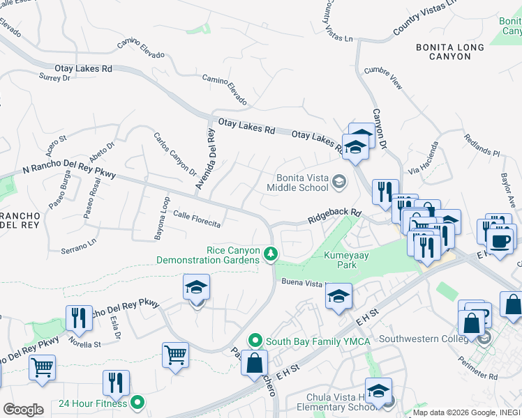 map of restaurants, bars, coffee shops, grocery stores, and more near 646 Felino Way in Chula Vista