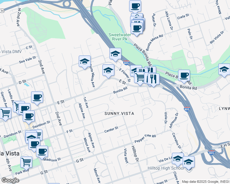 map of restaurants, bars, coffee shops, grocery stores, and more near 2 Bonita Road in Chula Vista
