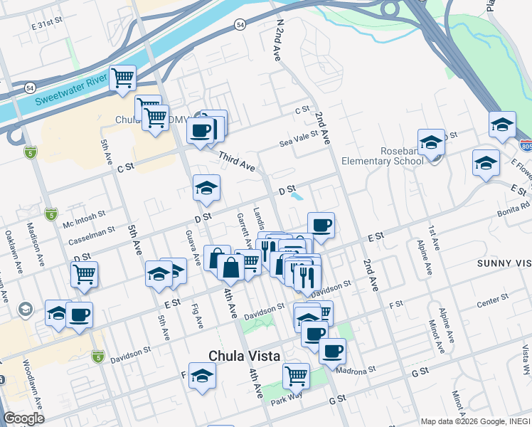 map of restaurants, bars, coffee shops, grocery stores, and more near 114 3rd Avenue in Chula Vista