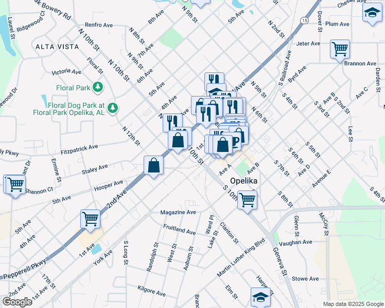 map of restaurants, bars, coffee shops, grocery stores, and more near 1006 1st Ave in Opelika