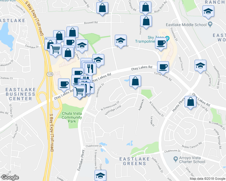 map of restaurants, bars, coffee shops, grocery stores, and more near 2381 Fairway Oaks Drive in Chula Vista