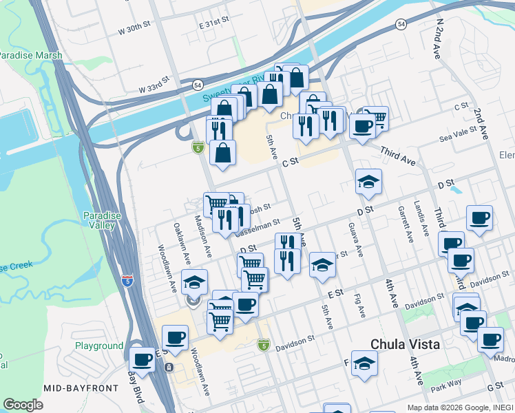 map of restaurants, bars, coffee shops, grocery stores, and more near 535 Mc Intosh Street in Chula Vista