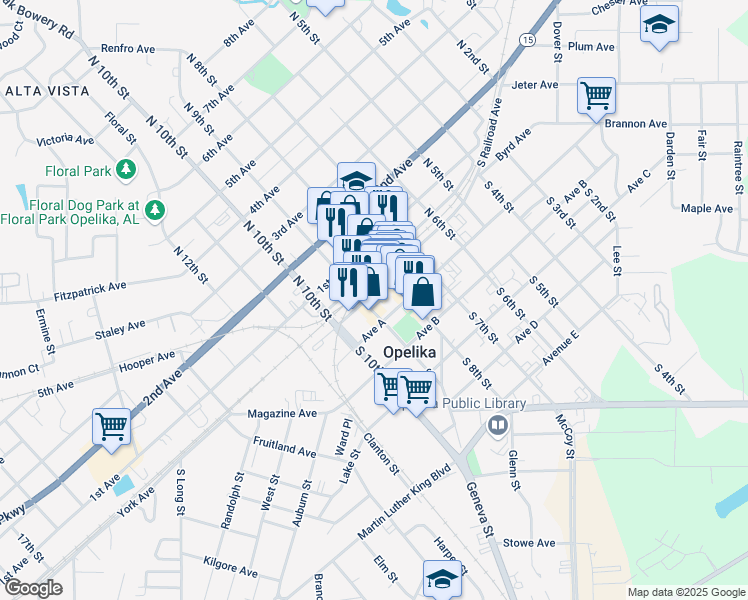 map of restaurants, bars, coffee shops, grocery stores, and more near 825 South Railroad Avenue in Opelika