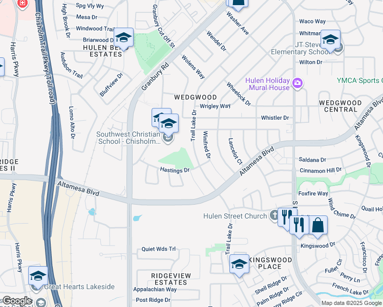 map of restaurants, bars, coffee shops, grocery stores, and more near 6807 Trail Lake Drive in Fort Worth
