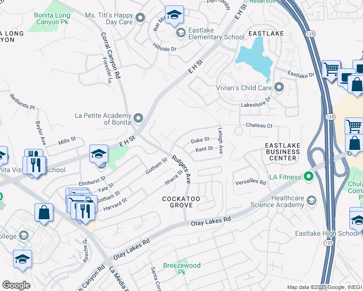 map of restaurants, bars, coffee shops, grocery stores, and more near 1925 Duke Street in Chula Vista