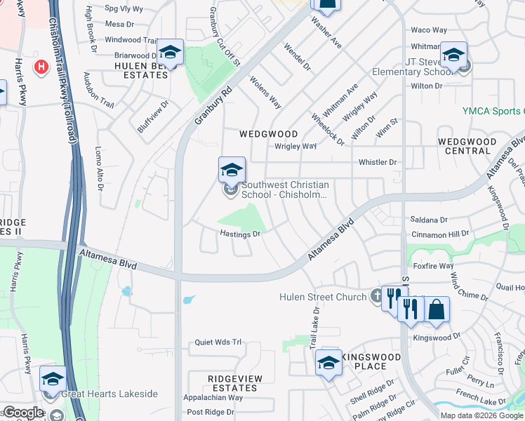 map of restaurants, bars, coffee shops, grocery stores, and more near 6808 Trail Lake Drive in Fort Worth