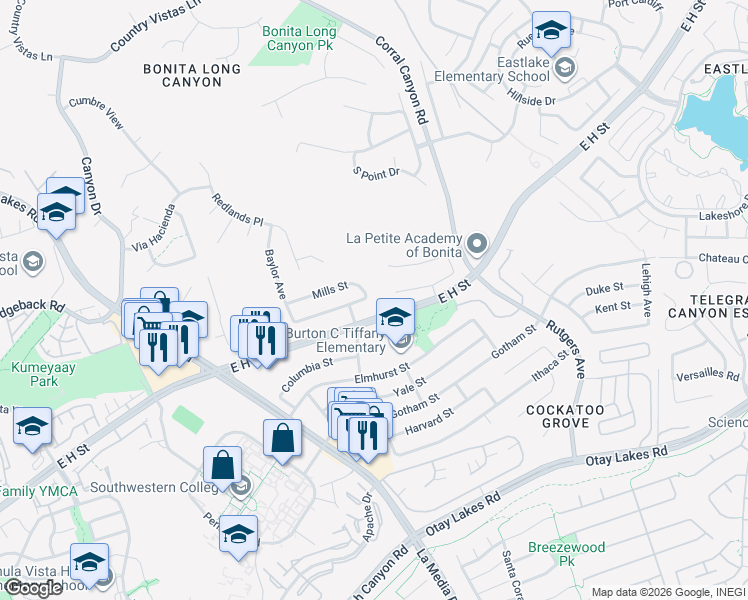 map of restaurants, bars, coffee shops, grocery stores, and more near 1679 Mills Street in Chula Vista