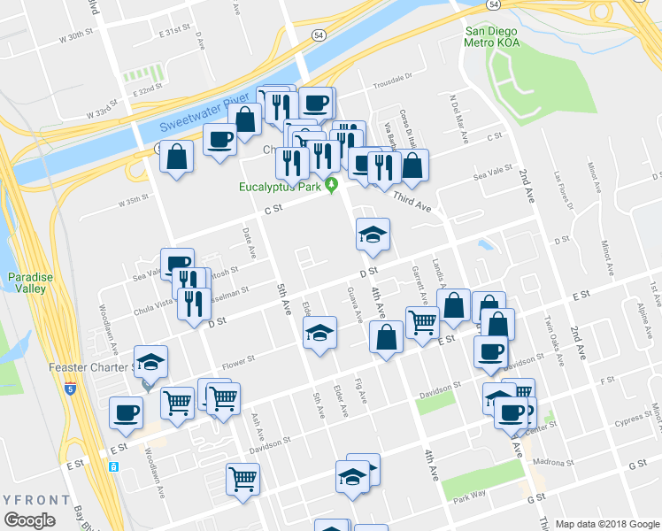 map of restaurants, bars, coffee shops, grocery stores, and more near 442 Casselman Street in Chula Vista