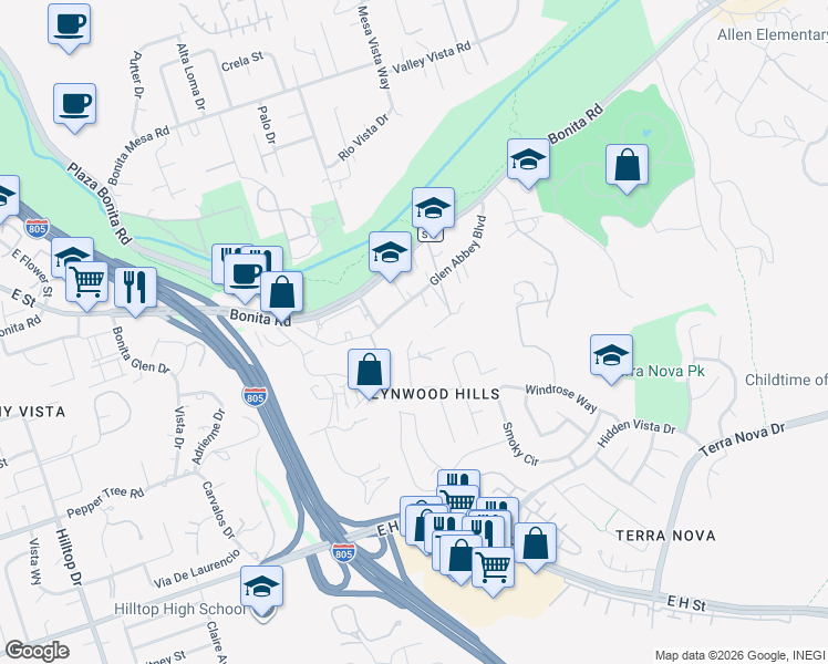map of restaurants, bars, coffee shops, grocery stores, and more near 3264 Holly Way in Chula Vista