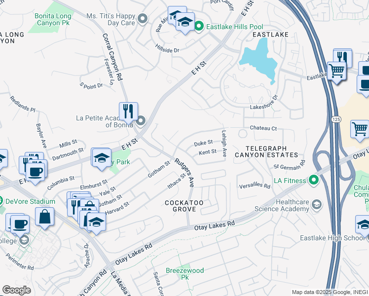 map of restaurants, bars, coffee shops, grocery stores, and more near 1925 Duke Street in Chula Vista