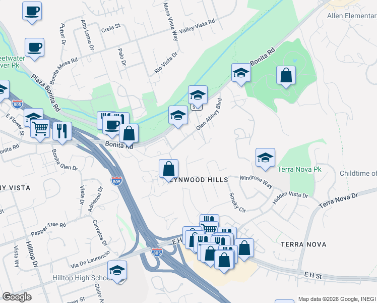 map of restaurants, bars, coffee shops, grocery stores, and more near 3264 Holly Way in Chula Vista