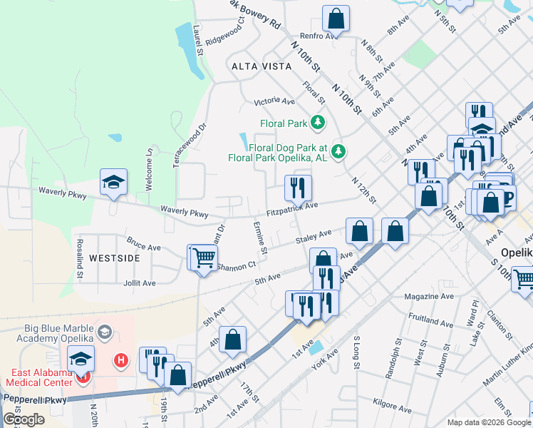 map of restaurants, bars, coffee shops, grocery stores, and more near 401 West Hunter Avenue in Opelika