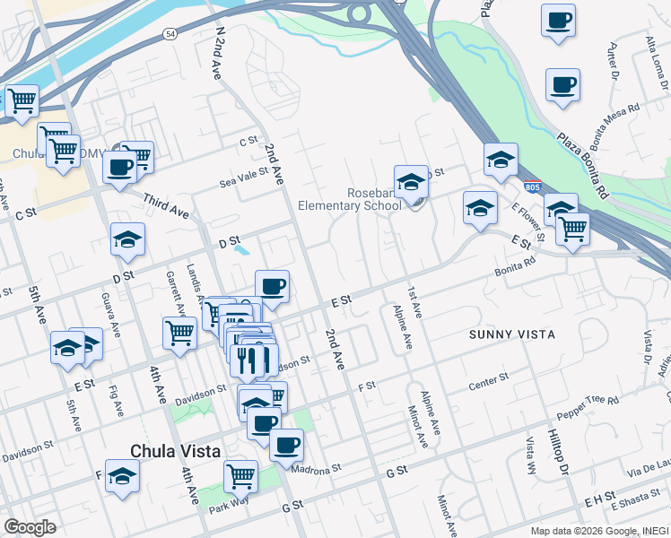 map of restaurants, bars, coffee shops, grocery stores, and more near 166A Las Flores Drive in Chula Vista