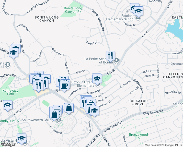 map of restaurants, bars, coffee shops, grocery stores, and more near 1679 Mills Street in Chula Vista