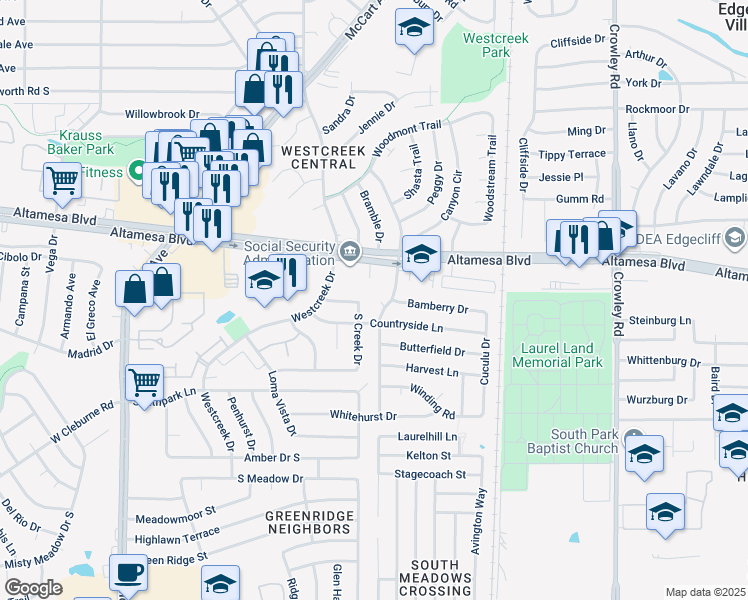 map of restaurants, bars, coffee shops, grocery stores, and more near 6612 Brookhaven Court in Fort Worth