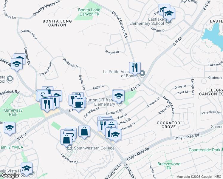map of restaurants, bars, coffee shops, grocery stores, and more near 1661 Dartmouth Street in Chula Vista