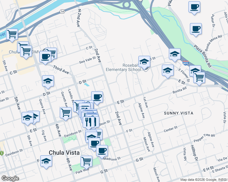 map of restaurants, bars, coffee shops, grocery stores, and more near 166A Las Flores Drive in Chula Vista