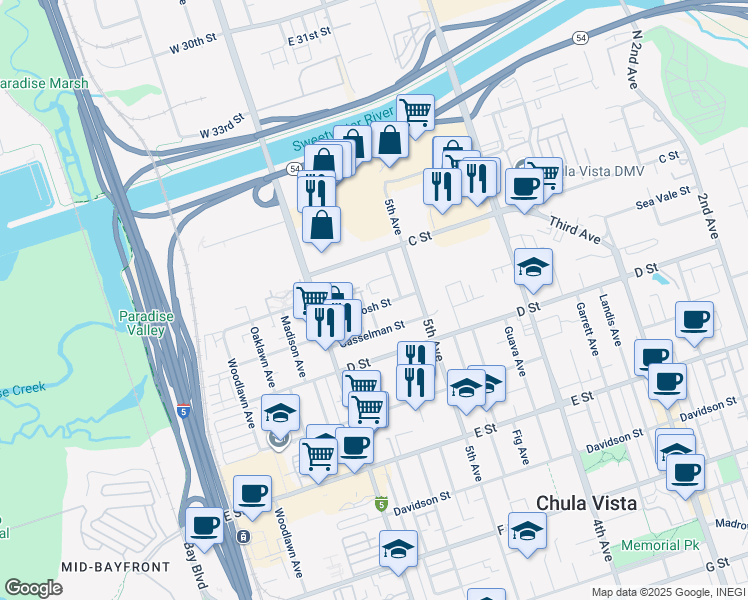 map of restaurants, bars, coffee shops, grocery stores, and more near 535 Mc Intosh Street in Chula Vista