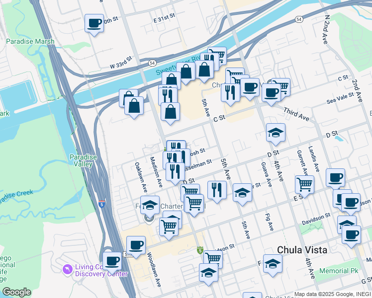 map of restaurants, bars, coffee shops, grocery stores, and more near 551 Mc Intosh Street in Chula Vista