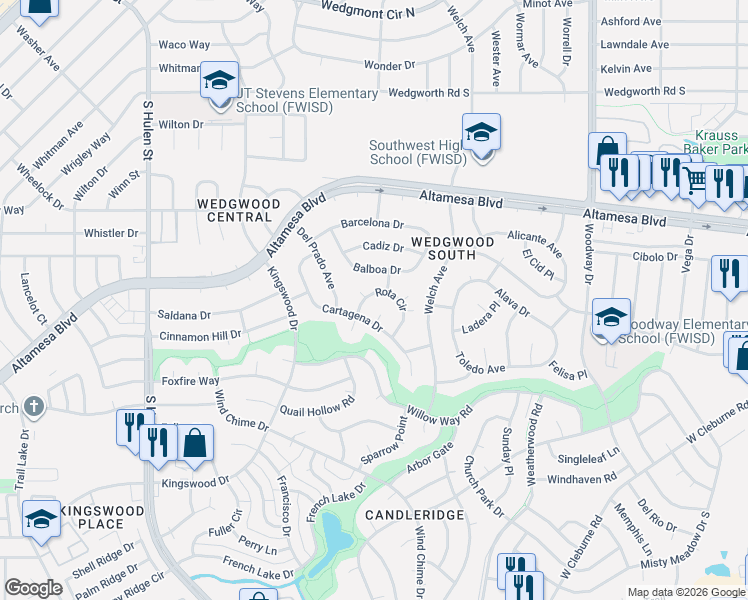 map of restaurants, bars, coffee shops, grocery stores, and more near 4369 Rota Circle in Fort Worth